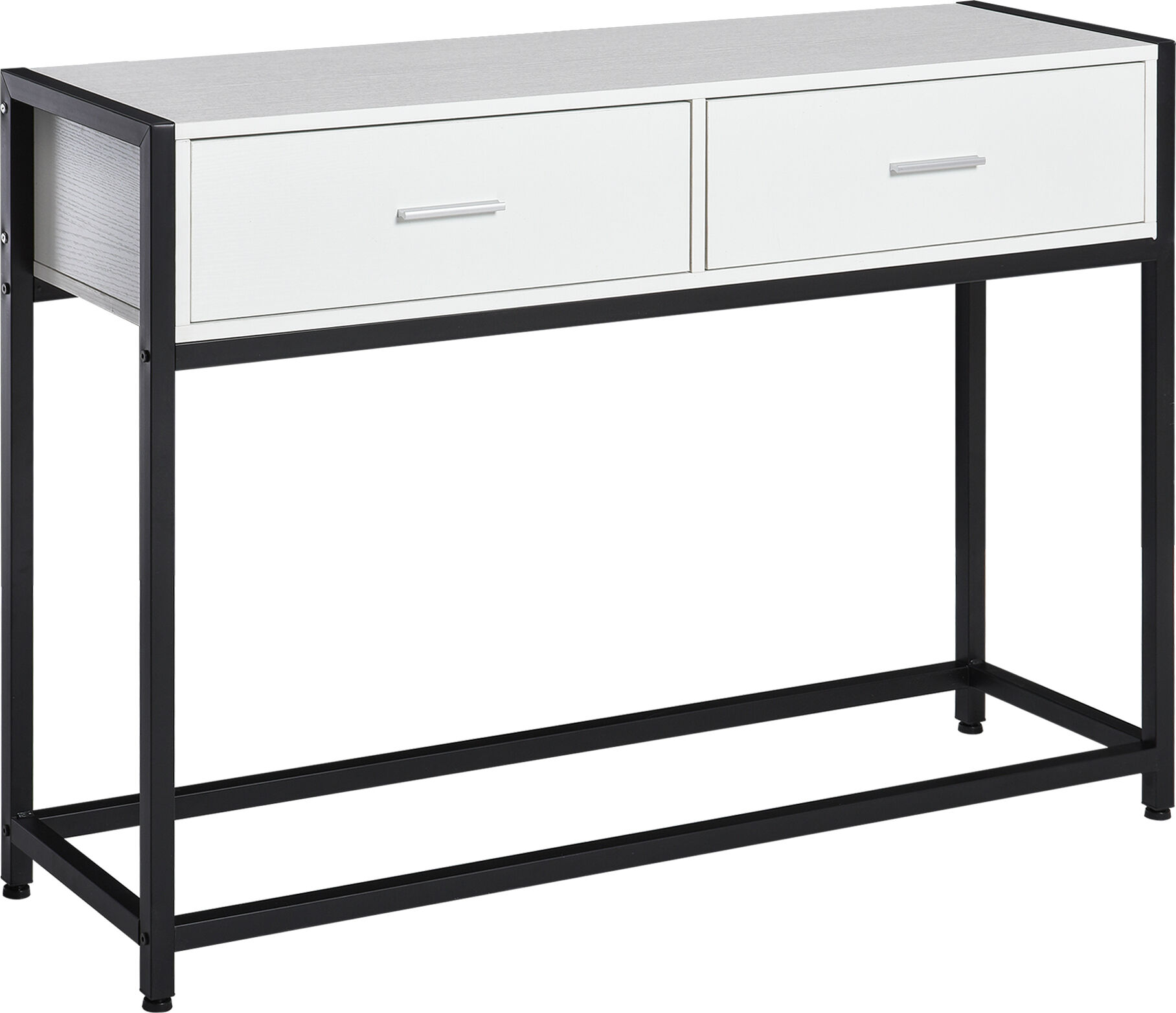 Homcom Tavolo Consolle per Ingresso con 2 Cassetti, Piano d'appoggio in Legno Bianco e Gambe in Metallo Nero 120x34x81cm