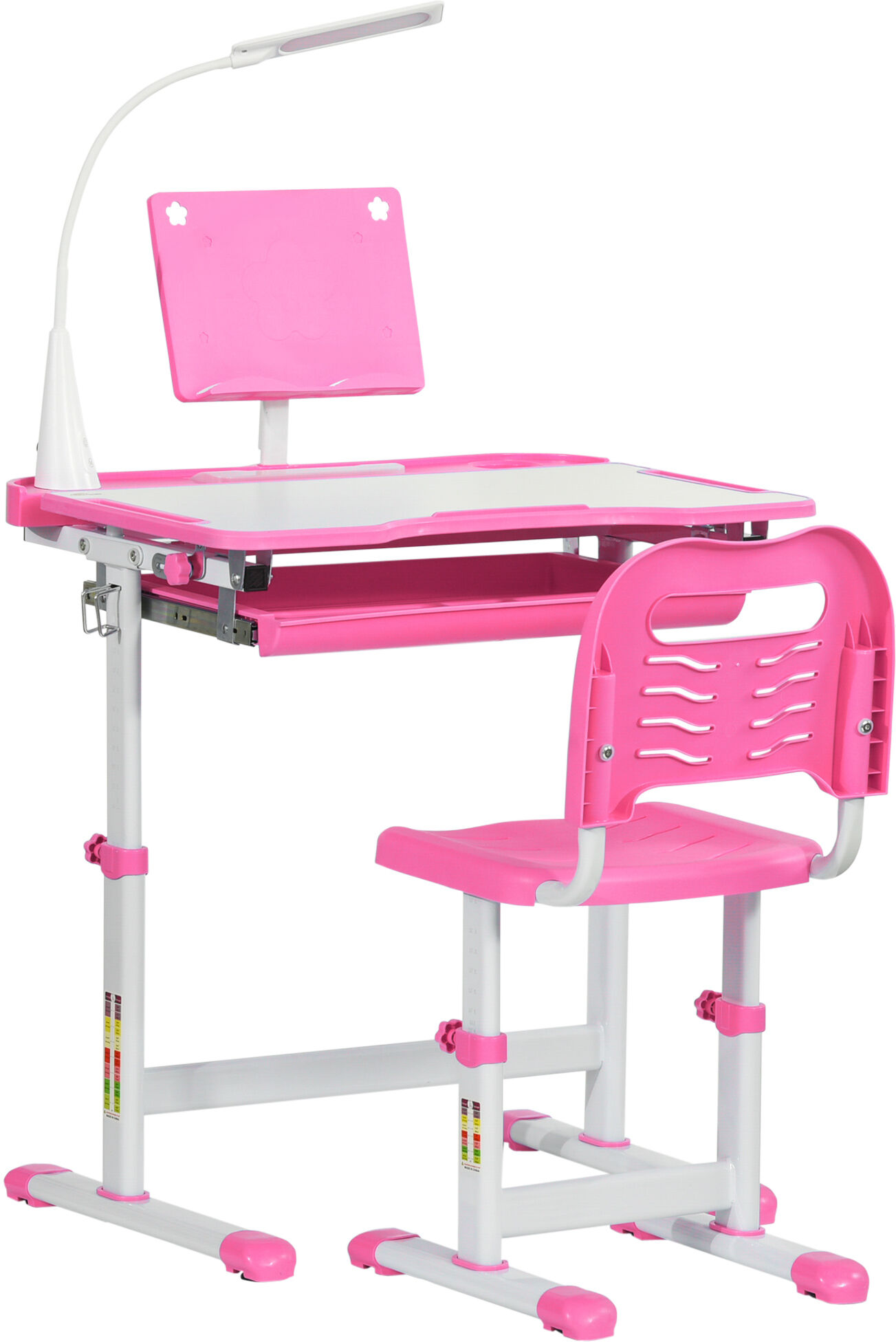 Homcom Banco Scuola con Sedia per Bambini 6-12 Anni con Altezza Regolabile, Piano Inclinabile a 45° e Lampada LED, in Acciaio e MDF, Rosa