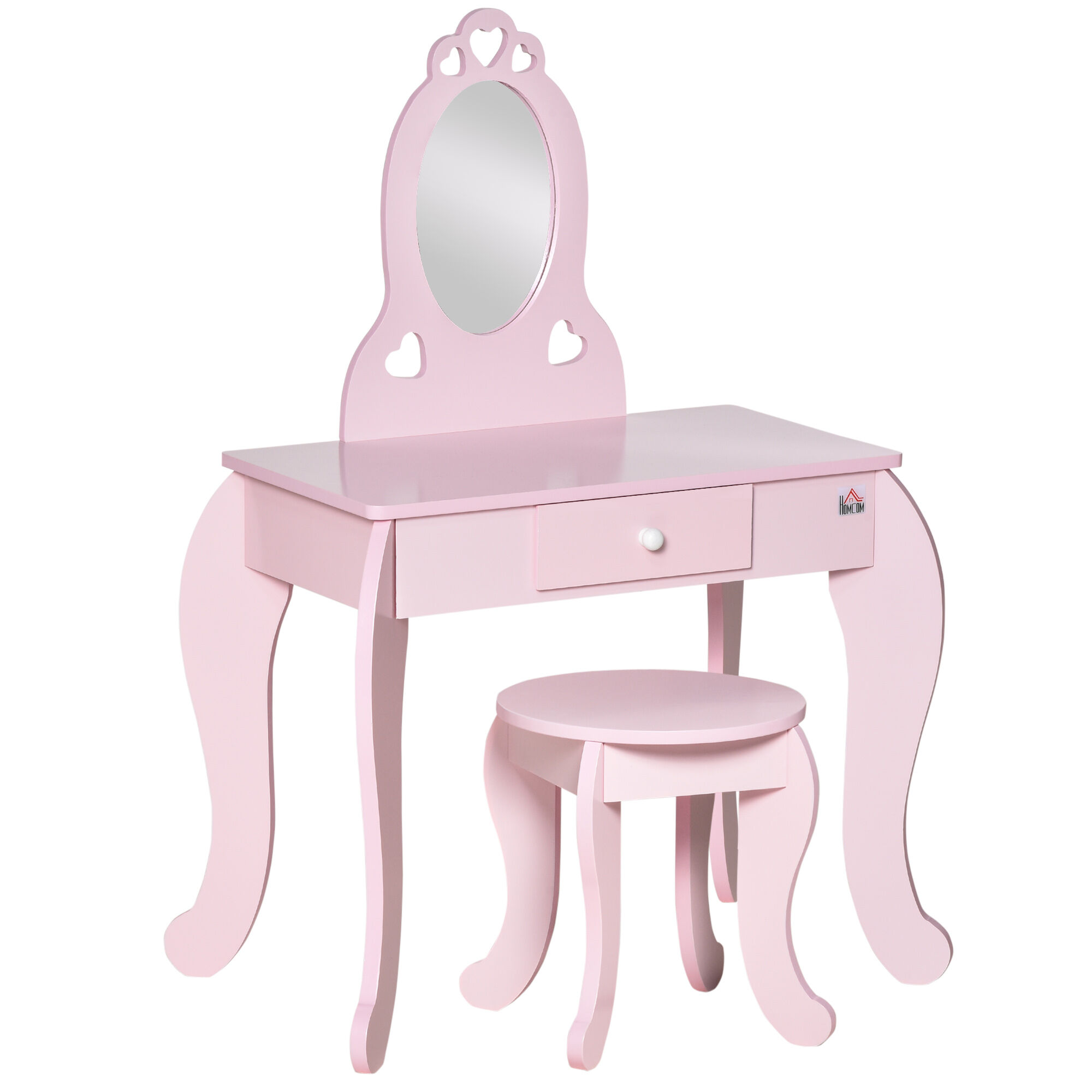 Homcom Tavolo Trucco Bambini con Sgabello in Legno, Toeletta con Specchio e Cassetto, 60x36x88cm, Rosa