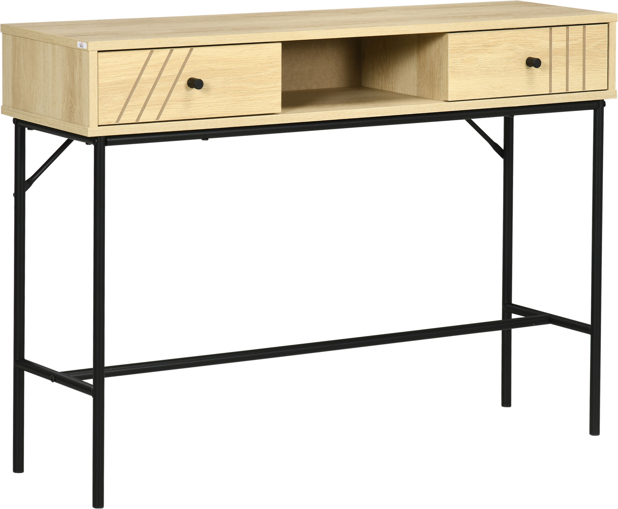 Homcom Tavolo Consolle in Legno e Metallo Stile Industriale con 2 Cassetti, 110x29.5x78cm Naturale