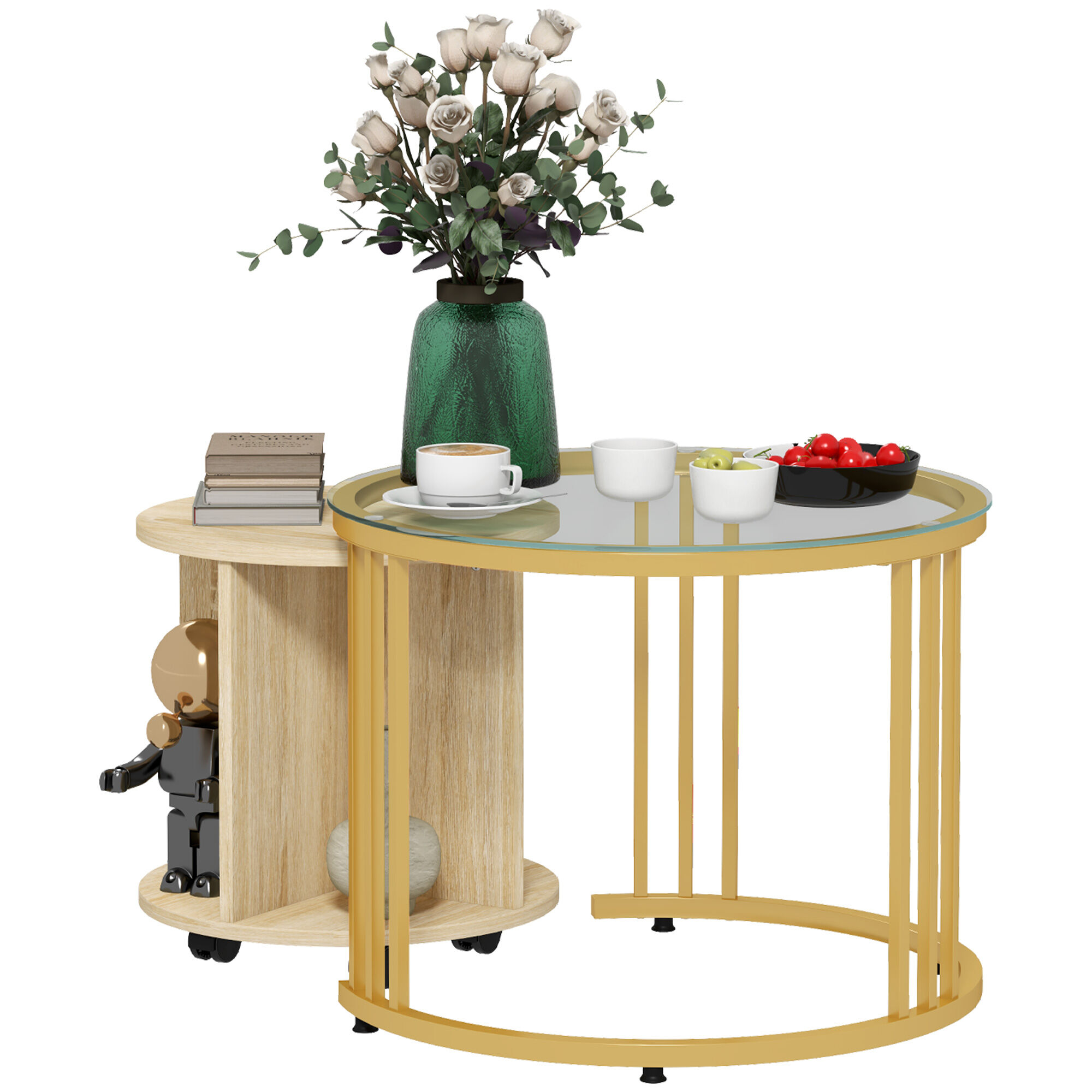 Homcom Set 2 Tavolini da Salotto Rotondi con Design Impilabile, 4 Ripiani Inferiori e 4 Ruote, Oro e Rovere