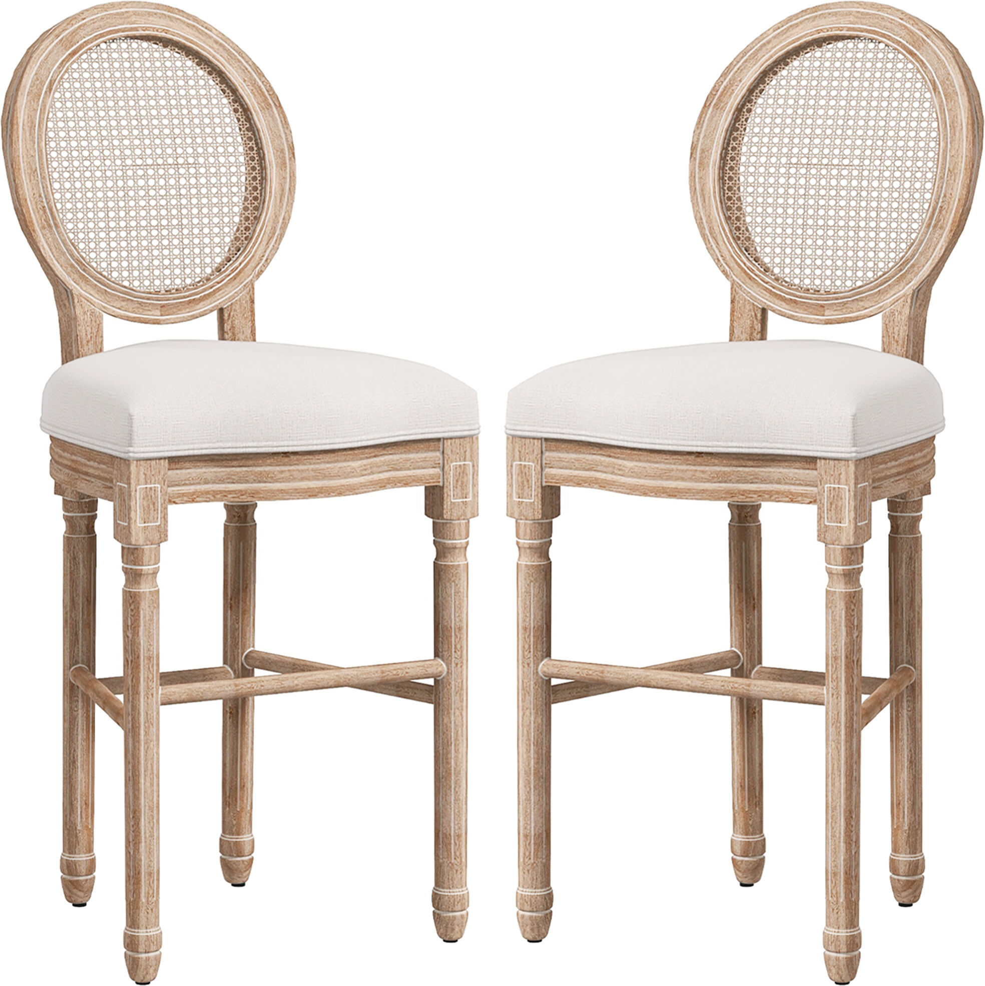 Homcom Set 2 Sgabelli da Bar con Schienale, Cuscini e Poggiapiedi, in Legno e Poliestere, 48x56x118 cm, Crema