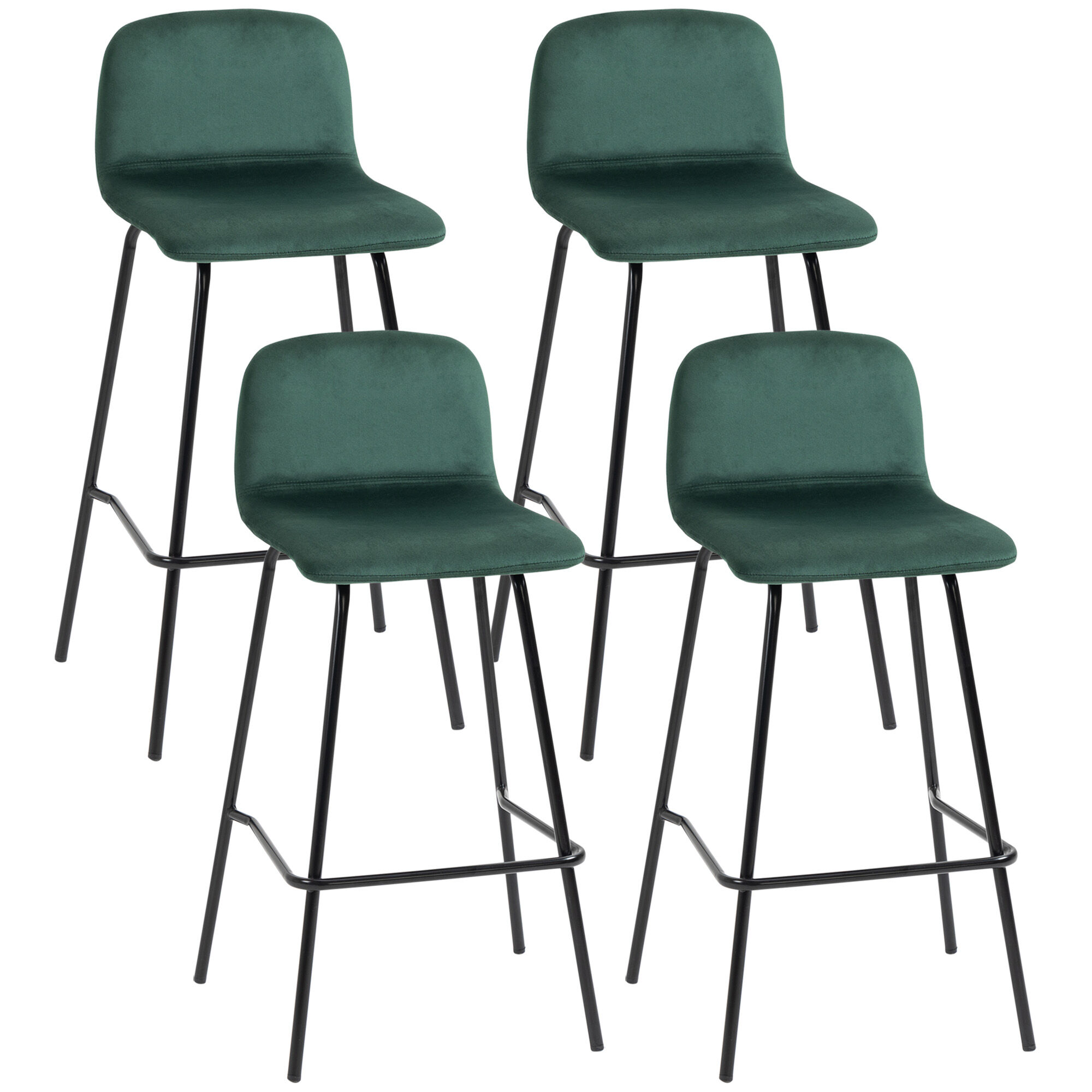 Homcom Set 4 Sgabelli Alti con Poggiapiedi per Cucina e Bar, in Poliestere Vellutato, Acciaio e Gommapiuma, 40x45.5x94 cm, Verde e Nero