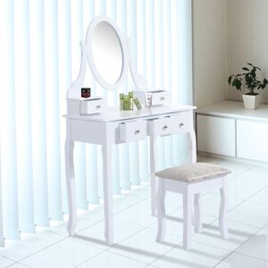 Homcom Toeletta Tavolo da Trucco con Specchiera e Sgabello Imbottito, Legno, Bianco Homcom Toeletta Tavolo da Trucco con Specchiera e Sgabello Imbottito, Legno, Bianco