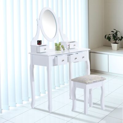 Homcom Toeletta Tavolo da Trucco con Specchiera e Sgabello Imbottito, Legno, Bianco Homcom Toeletta Tavolo da Trucco con Specchiera e Sgabello Imbottito, Legno, Bianco