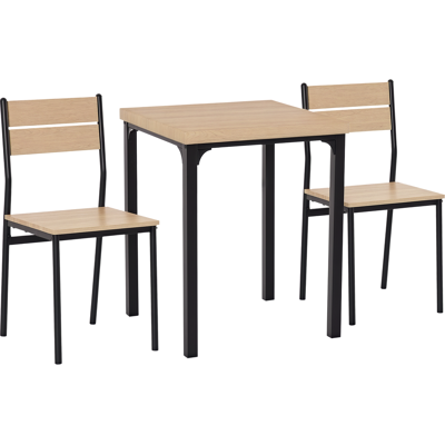 Homcom Set Tavolo da Pranzo con 2 Sedie per Casa e Cucina, Metallo e Legno Light Wood Grain Color, Black Frame Table: 60x60x76cm; Chair: 39.5x48x82.5cm; Homcom Set Tavolo da Pranzo con 2 Sedie per Casa e Cucina, Metallo e Legno Light Wood Grain Color, Black Frame Table: 60x60x76cm; Chair: 39.5x48x82.5cm;