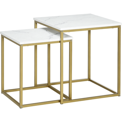 Homcom Tavolino da Salotto Set 2 Pz Impilabile con Piano Effetto Marmo in Truciolato e Struttura in Acciaio, 45x45x50 cm e 37x37x43 cm, Bianco e Oro Homcom Tavolino da Salotto Set 2 Pz Impilabile con Piano Effetto Marmo in Truciolato e Struttura in Acciaio, 45x45x50 cm e 37x37x43 cm, Bianco e Oro