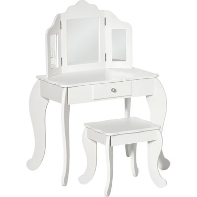 Homcom Tavolo da Trucco per Bambini con Sgabello e Triplo Specchio, in Legno e Acrilico, 63x40x85.5 cm, Bianco Aosom Italy Homcom Tavolo da Trucco per Bambini con Sgabello e Triplo Specchio, in Legno e Acrilico, 63x40x85.5 cm, Bianco Aosom Italy