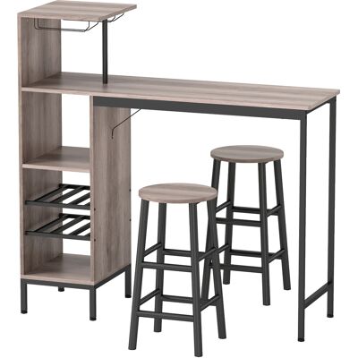 Homcom Set tavolo da bar 3 pezzi con ripiani, portabottiglie, portabicchieri e 2 sgabelli con poggiapiedi, Grigio Aosom Italy Homcom Set tavolo da bar 3 pezzi con ripiani, portabottiglie, portabicchieri e 2 sgabelli con poggiapiedi, Grigio Aosom Italy