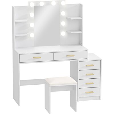 Homcom Tavolo da trucco con specchio illuminato e sgabello imbottito, set trucco con 6 cassetti e ripiani, bianco Aosom Italy Homcom Tavolo da trucco con specchio illuminato e sgabello imbottito, set trucco con 6 cassetti e ripiani, bianco Aosom Italy