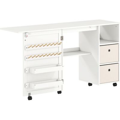 Homcom Tavolo da cucito pieghevole, mobile da cucito su ruote con porta magnetica, 2 vaschette, 2 cassetti, 146,4x40x77,5cm, bianco Aosom Italy Homcom Tavolo da cucito pieghevole, mobile da cucito su ruote con porta magnetica, 2 vaschette, 2 cassetti, 146,4x40x77,5cm, bianco Aosom Italy