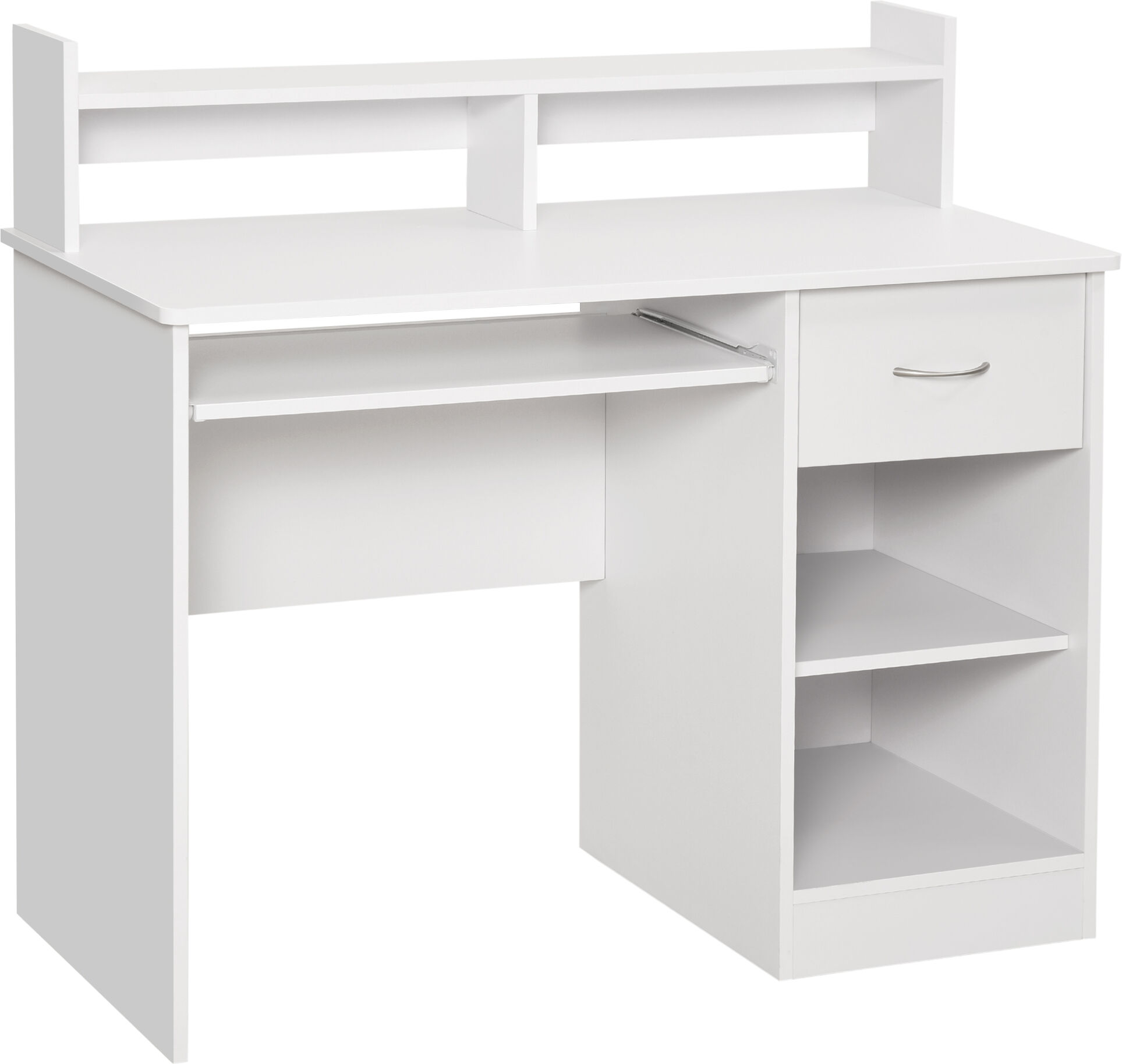 Homcom Scrivania per Computer in Legno con Vassoio per Tastiera, Scrivania con Cassetti e Ripiani Regolabili, Cassetto, Bianco, 104x48x95.5cm