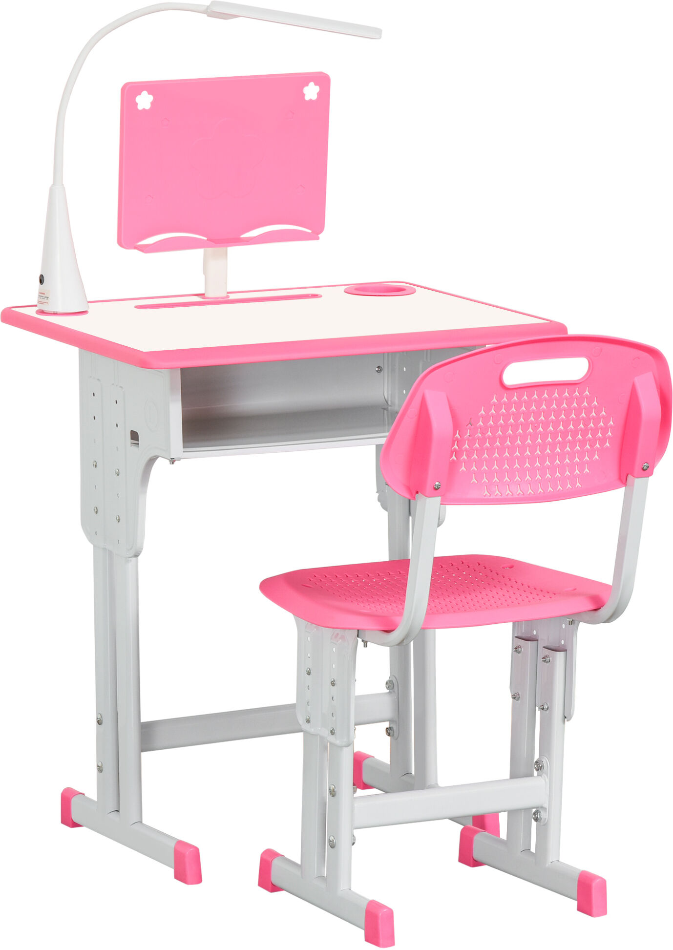 Homcom Banco Scuola con Sedia per Bambini 6-12 Anni Altezza Regolabile, Lampada LED, Leggio e Portapenne, Acciaio e MDF, Rosa