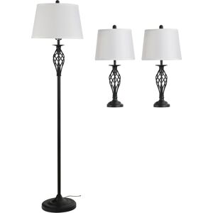 Homcom Set 3 Pezzi: 1 Lampada da Terra e 2 Lampade da Tavolo in Metallo, Design Vintage, Lampadine E27, Nero e Bianco