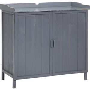 Outsunny Armadietto da Esterno in Legno con Piano in Metallo e 2 Ripiani Porta Attrezzi, 98x48x95.5 cm, Grigio