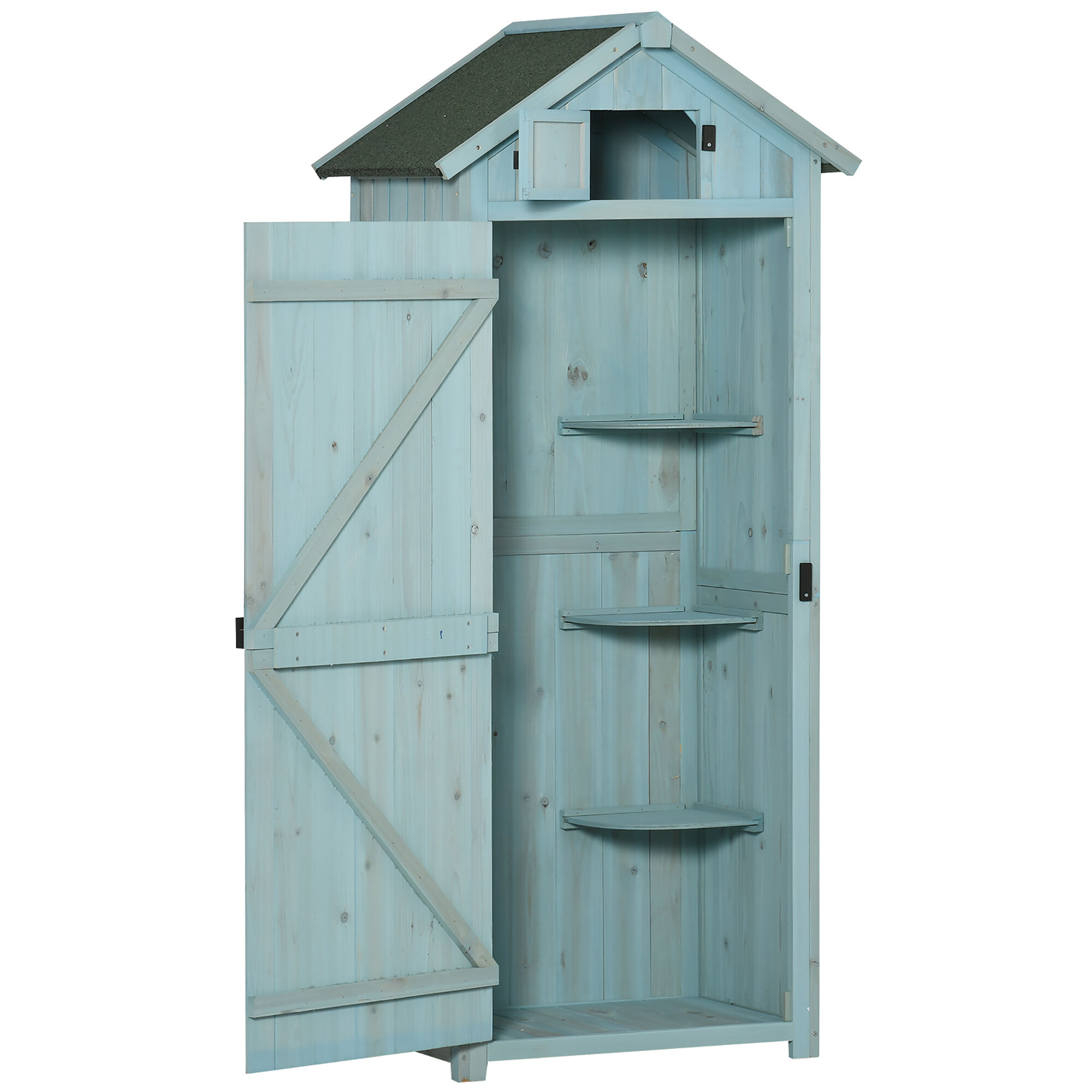 Outsunny Casetta da Giardino Porta Attrezzi in Legno con 3 Ripiani, 77x54.2x179cm, Blu