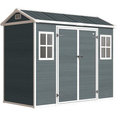 Outsunny Capanno attrezzi 2,77 m², capanno effetto legno con 2 finestre, porta doppia, ventilazione, pavimento, serratura, guanti Aosom Italy Outsunny Capanno attrezzi 2,77 m², capanno effetto legno con 2 finestre, porta doppia, ventilazione, pavimento, serratura, guanti Aosom Italy