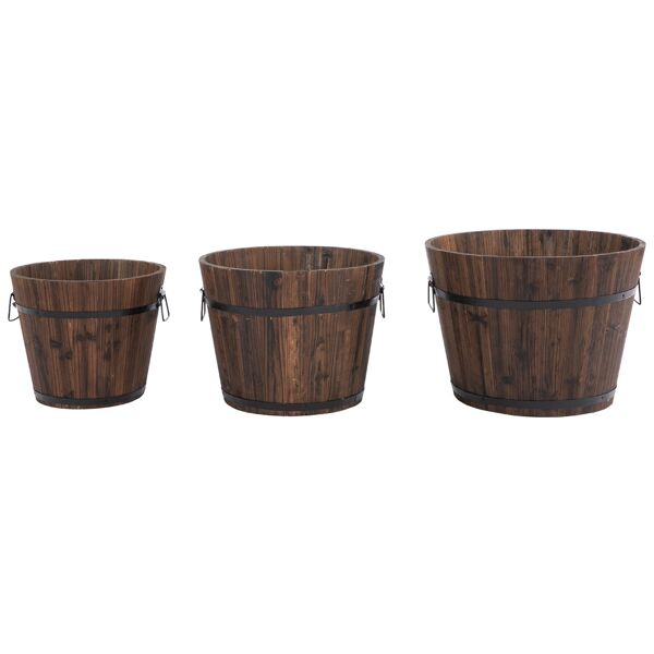 outsunny set di 3 vasi secchielli per piante fiori n legno di diverse dimensioni, vasi da giardino e per interni