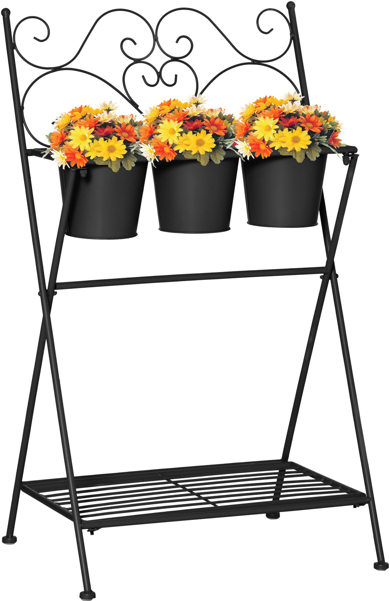 Outsunny Portapiante in Metallo Pieghevole con 3 Vasi, Scaffale per Piante con Ripiano per Casa e Giardino, 47x37x78.5cm, Nero