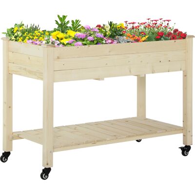 Letto da orto rialzato in legno naturale Outsunny con ruote e ripiano - Giardino Letto da orto rialzato in legno naturale Outsunny con ruote e ripiano - Giardino