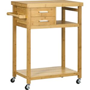 Homcom Carrello da Cucina in Bambù con Portasciugamani, 2 Cassetti e 2 Ripiani Aperti, 83x45x96 cm