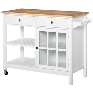 homcom carrello da cucina in legno portavivande e utensili, 2 ruote cassetti e mensole, multiuso e salvaspazio, bianco, 116.5x48x86.5cm