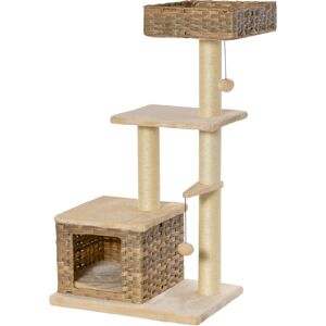 Pawhut Tiragraffi per Gatti,Albero Tiragraffi Gatti 5kg con Cuccia, Giochi e Pali in Corda, Beige 60x40x109cm Aosom.it