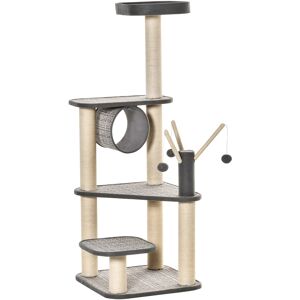 Pawhut Albero Tiragraffi per Gatti Adulti e Gattini da 130cm, Lettino, Tunnel per Gatti e Pali in Sisal, Palline e Rivestimento Peluche, Grigio