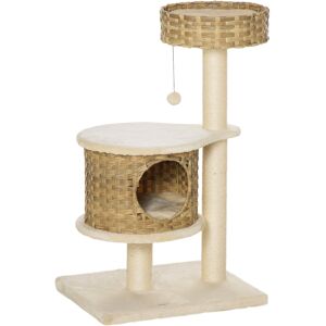 Pawhut Albero Tiragraffi per Gatti Adulti e Gattini da 95cm, Cuccia e Casetta per Gatti in Rattan e Pali in Sisal, Pallina e Rivestimento Peluche