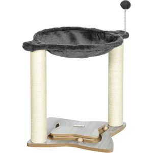 Pawhut Tiragraffi per Gatti con Amaca in Peluche, Base in Legno con Gioco e Pali in Sisal, 53.55x53.5x66cm, Grigio