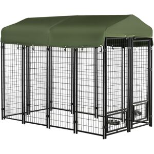 Pawhut Kennel per Cani in Acciaio per Interni ed Esterni con Tettuccio in Tessuto Oxford e 2 Ciotole, 244x122x183 cm, Nero e Verde Scuro