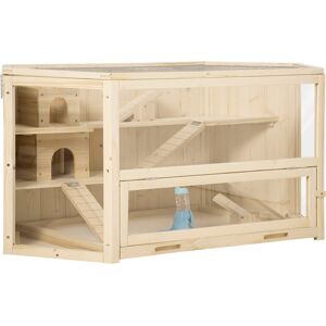 Pawhut Casa per Criceti in Legno a 3 Livelli, Casetta per Criceti e Piccoli Roditori con Tetto Apribile e Parete Trasparente, 115x60x55cm