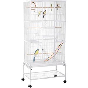 Pawhut Gabbia per Uccelli in Acciaio e PP con Posatoi, Giochi, Contenitori per Cibo e Vassoio, 83x53x180 cm, Bianco