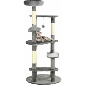 Pawhut Albero Tiragraffi per Gatti con Pali in Sisal, Lettino con Cuscino e Pallina, Ø60x136cm, Grigio