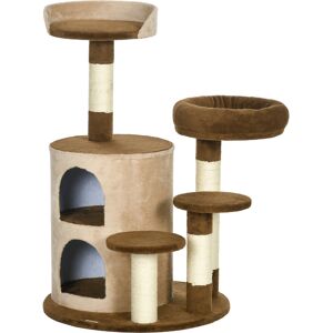 Pawhut Tiragraffi per Gatti con Casetta a 2 Livelli e 2 Lettini con Rivestimento Peluche, Marrone