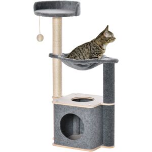 Pawhut Tiragraffi per gatto Albero Multilivello Palestra per Gatti con Casetta, Amaca, Cuccia e Corde in Sisal, 48x34x95cm, Grigio