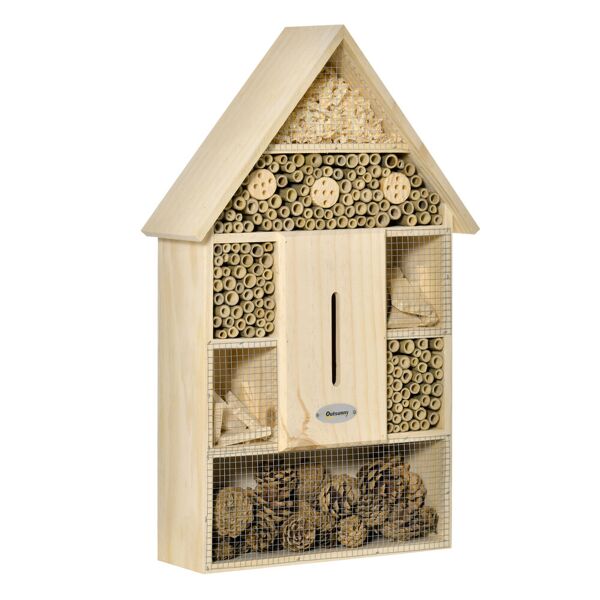 outsunny casa per insetti da giardino a 5 livelli in legno e bambù, casetta per coccinelle, api e farfalle, 32x12.5x57cm