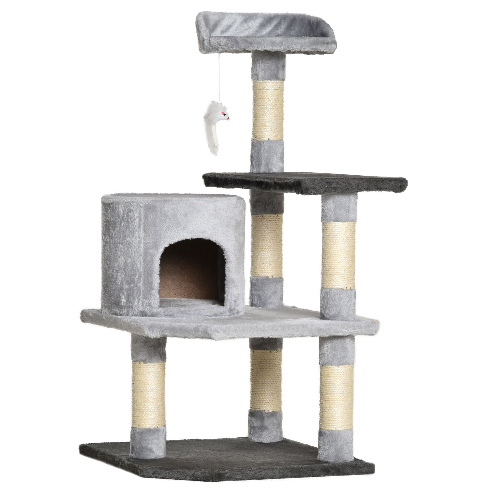 pawhut albero tiragraffi per gatto con cucce colonna naturali sisal e piattaforma gioco giocattolo, grigio 48 × 48 × 100cm