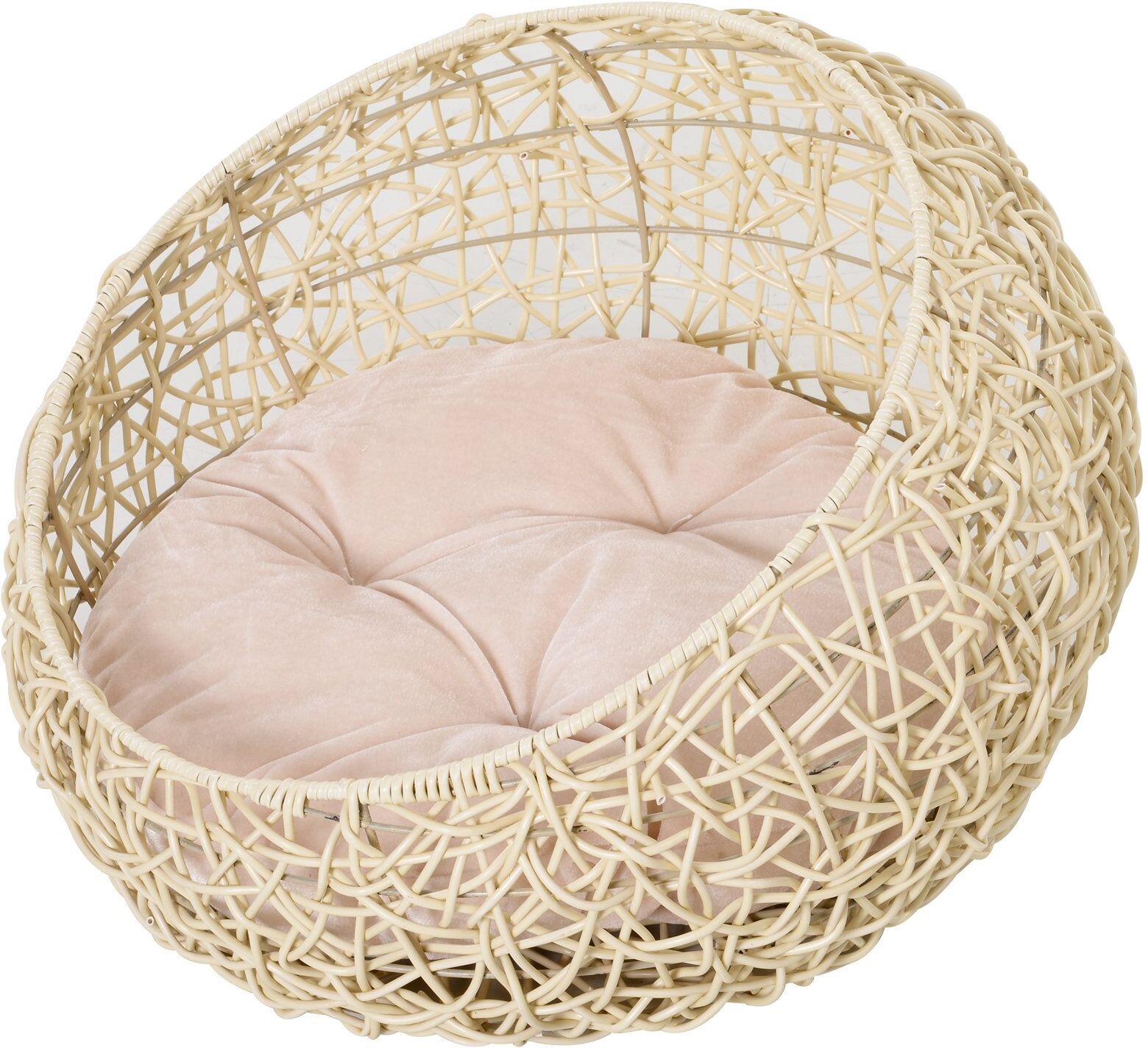 Pawhut Cuccia Cesta per Gatti in Rattan con Cuscino in Lino e Cotone Beige Diametro 56 x 35 cm