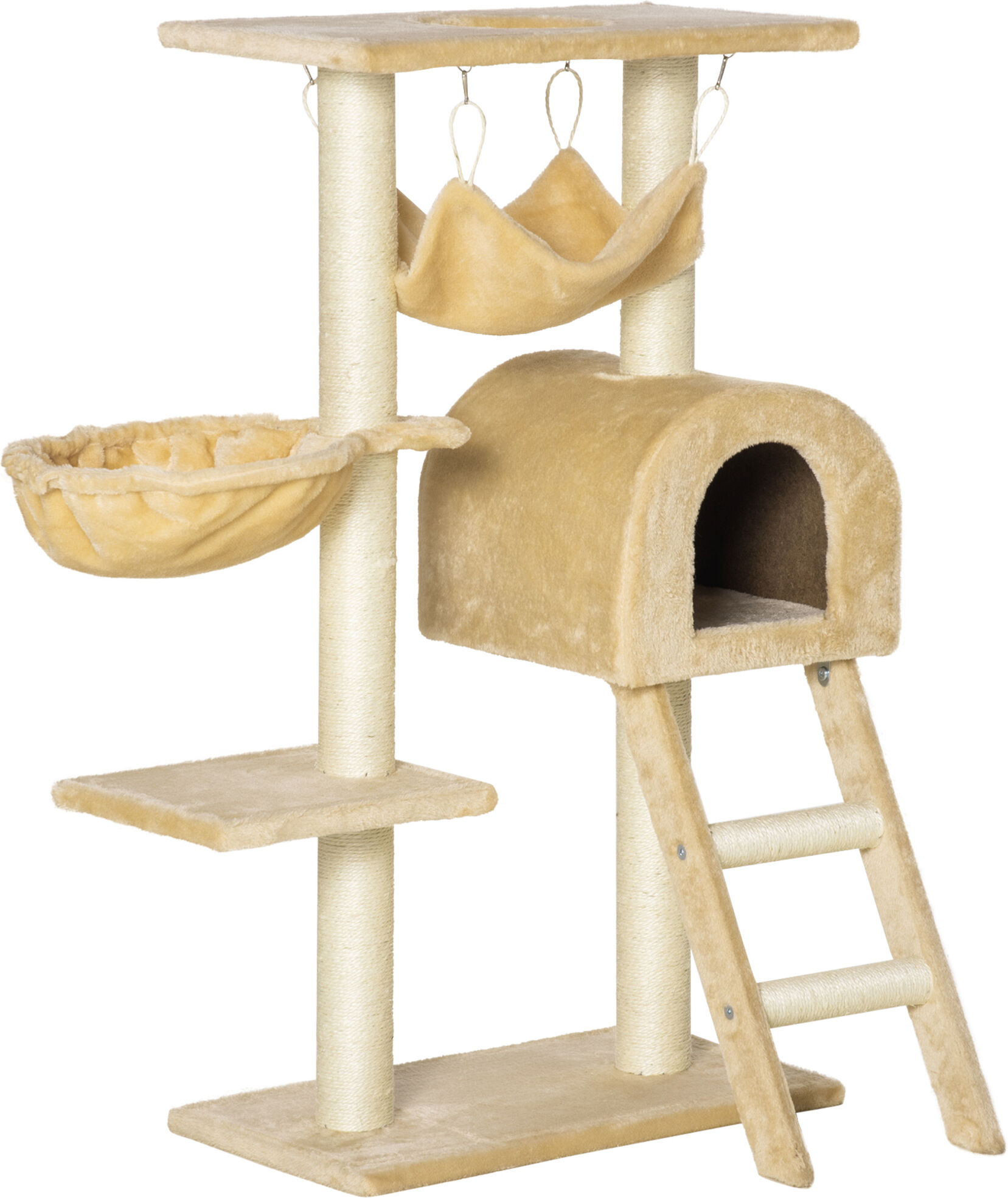 Pawhut Albero Tiragraffi per Gatti Multilivello con Amaca e Casetta, Corde in Sisal Naturale, Beige, Altezza 98cm