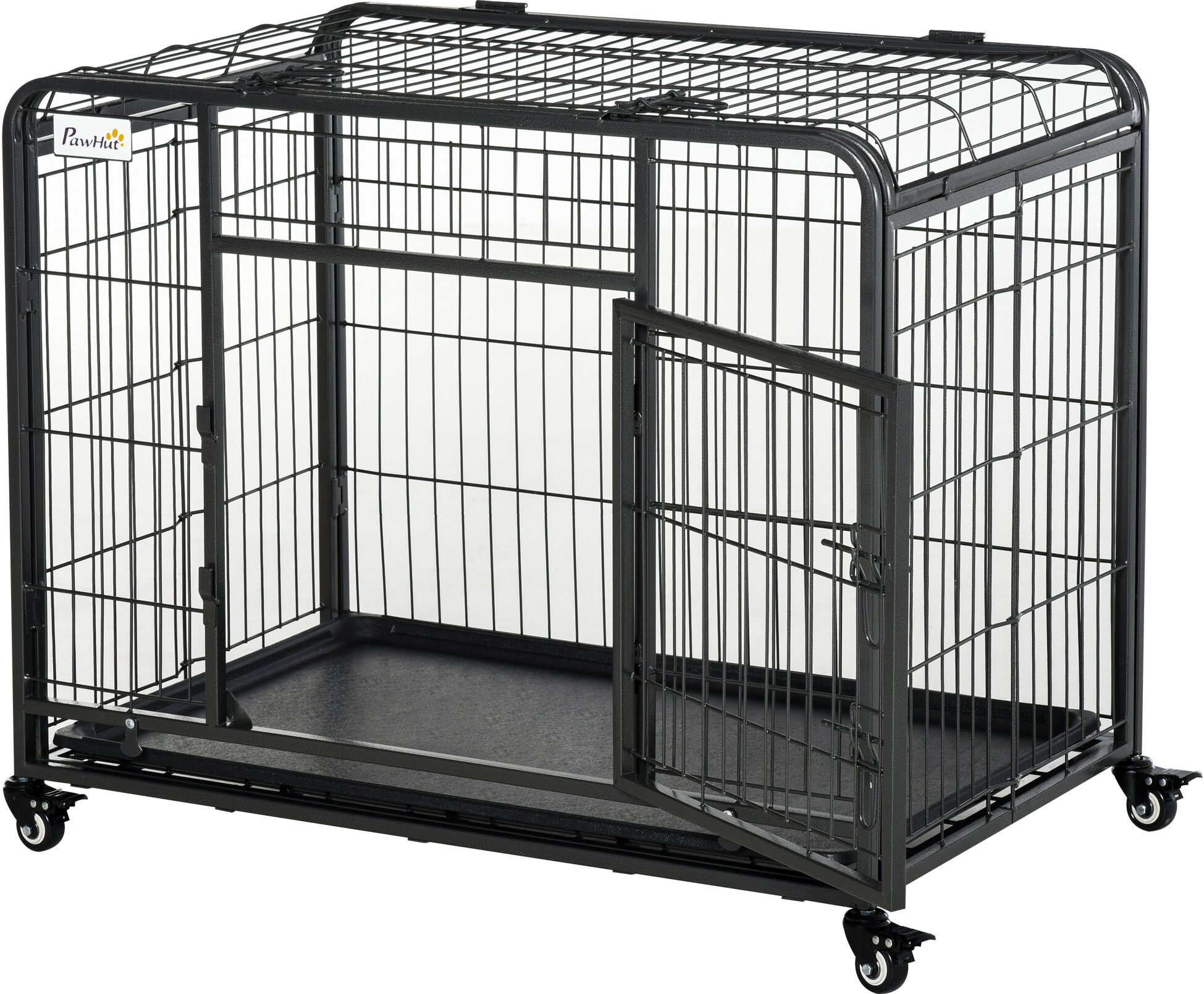 Pawhut Kennel Gabbia per Cani Pieghevole Doppia Porta con Blocco 4 Ruote con Freno e Fondo Rimovibile, 109.5x71x78cm