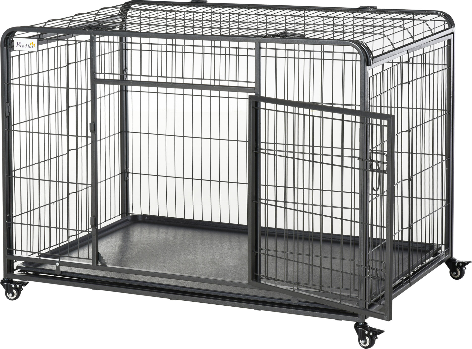 Pawhut Kennel Gabbia per Cani Pieghevole Doppia Porta con Blocco 4 Ruote con Freno e Fondo Rimovibile, 125x76x81cm