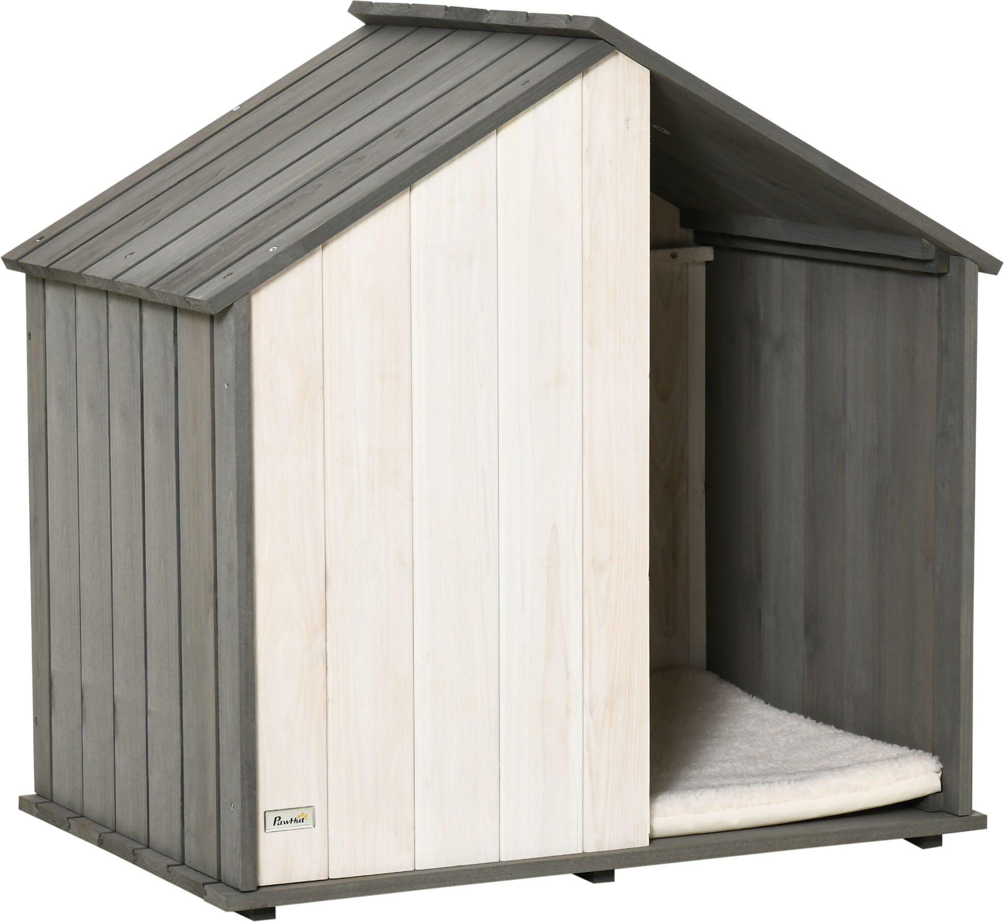 Pawhut Cuccia per Cani a Forma di Casetta in Legno, Cani di Taglia Piccola e Media Max. 15kg, con Cuscino Incluso, Grigio e Bianco