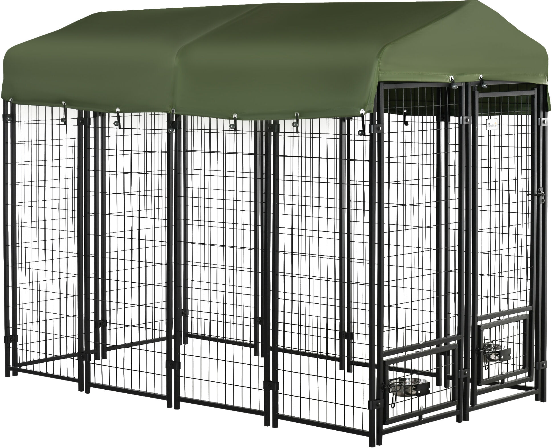 Pawhut Kennel per Cani in Acciaio per Interni ed Esterni con Tettuccio in Tessuto Oxford e 2 Ciotole, 244x122x183 cm, Nero e Verde Scuro