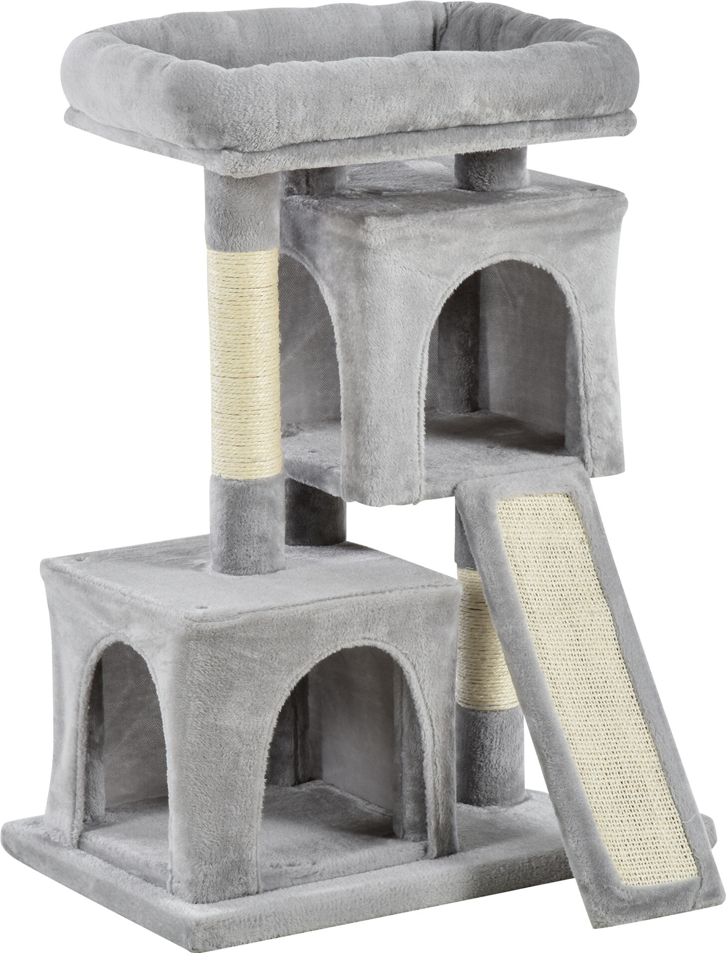 Pawhut Albero Tiragraffi per Gatti con Pali in Sisal, Lettino e 2 Casette, 59x39x83cm, Grigio