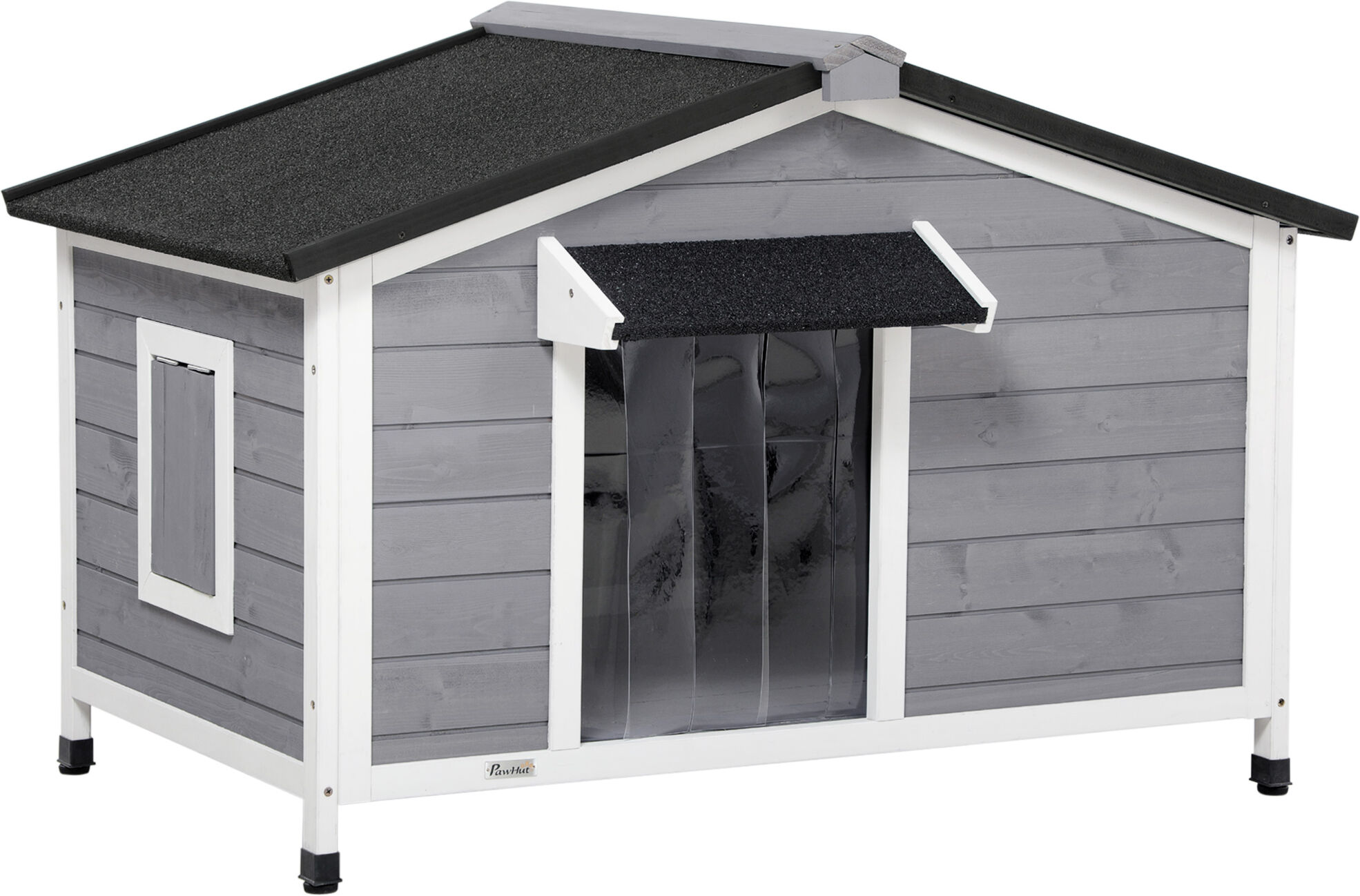 Pawhut Casetta per Cani in Legno con Design Rialzato, Tenda Protettiva e 2 Finestre, 109x79x72 cm