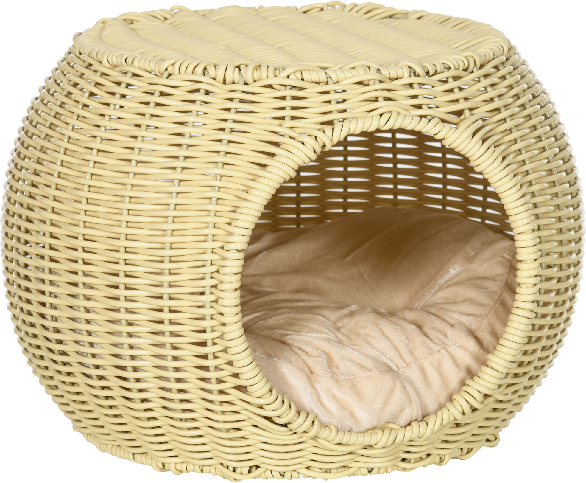 Pawhut Casetta per Gatti a 2 Livelli in Rattan PE con Cuscino Lavabile, Ø40x30cm, Beige