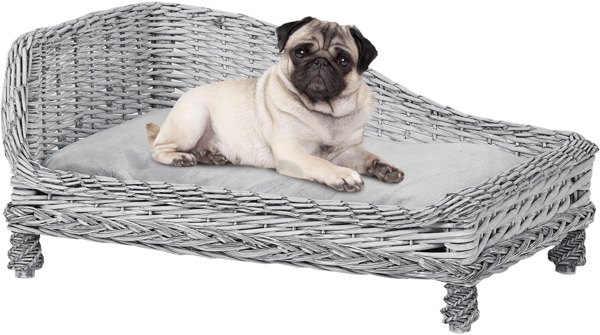 Pawhut Cuccia per Animali Domestici (15kg) Forma Chaise Longue in Vimini GrigioCuscino in Pile 69x42x33cm