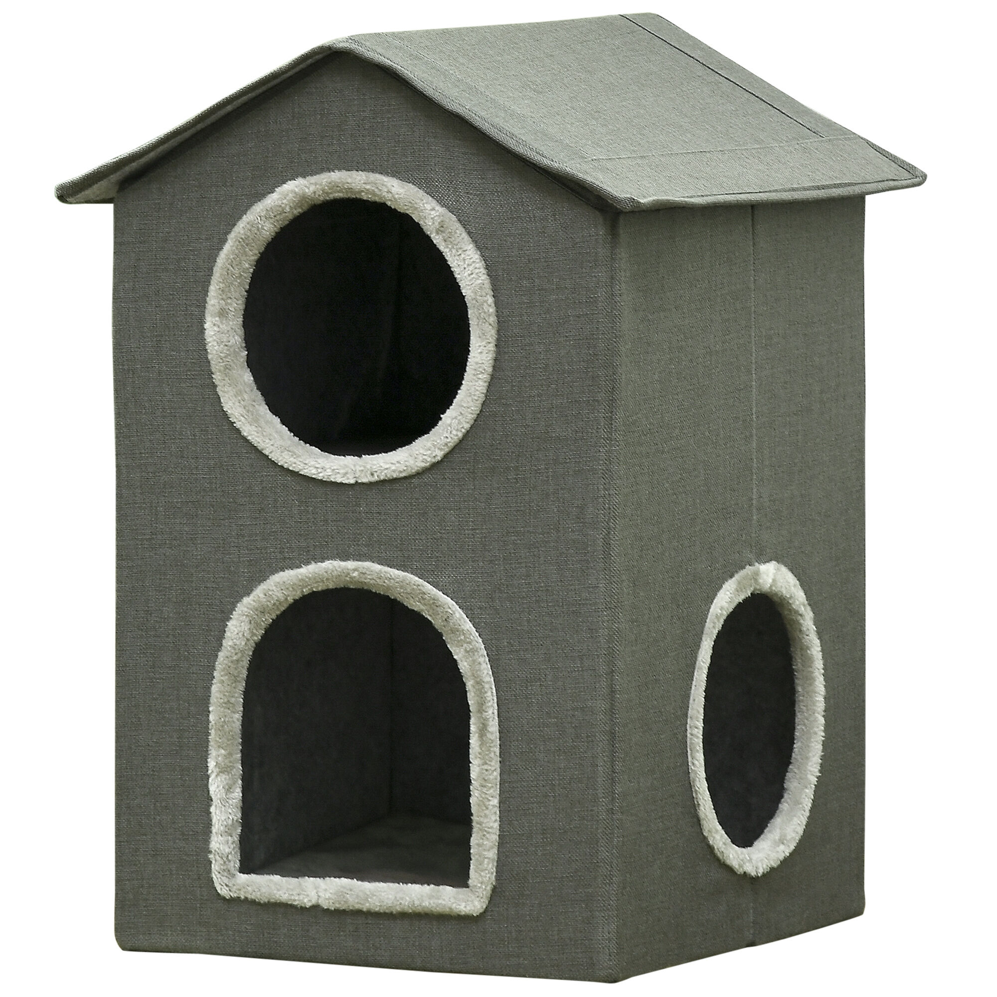 Pawhut Casetta per Gatti a Due Livelli con Cuscini Lavabili 3 entrate, 42x46x59.5 cm, Grigio