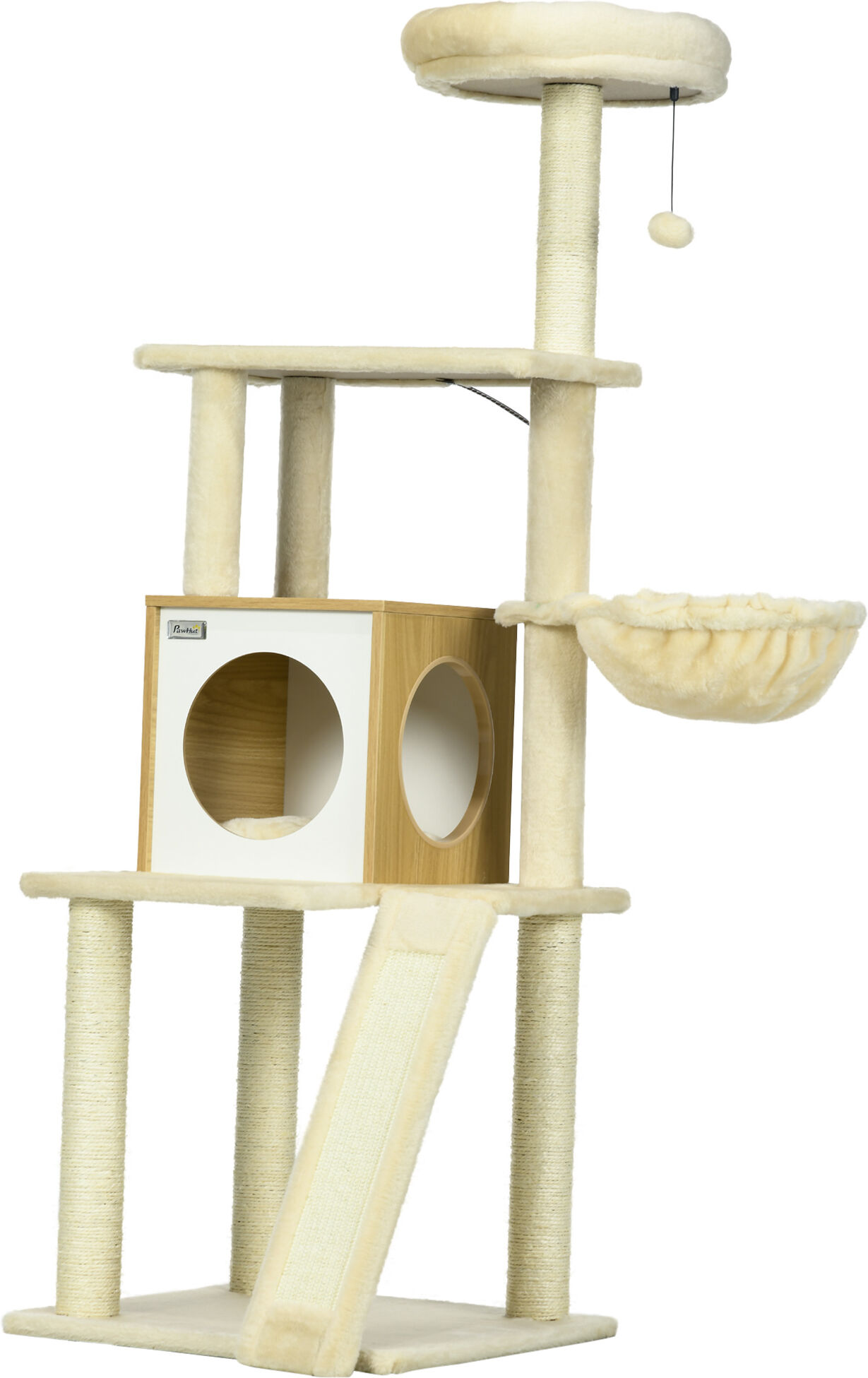 Pawhut Albero per Gatti con Casetta, Tiragraffi per Gatti, Posatoio e Paletto, 48.5x48.5x141.5 cm, Beige